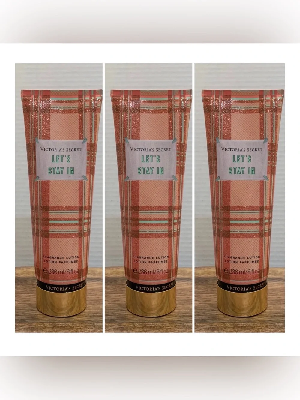 Victoria's Secret Let's Stay In Lotion - Coral Plaid with Gold Accents